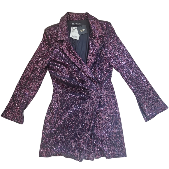 ZARA NWT WOMAN SEQUIN COLLAR BLAZER MINI DRESS Purple Size Medium Purple - Picture 3 of 16